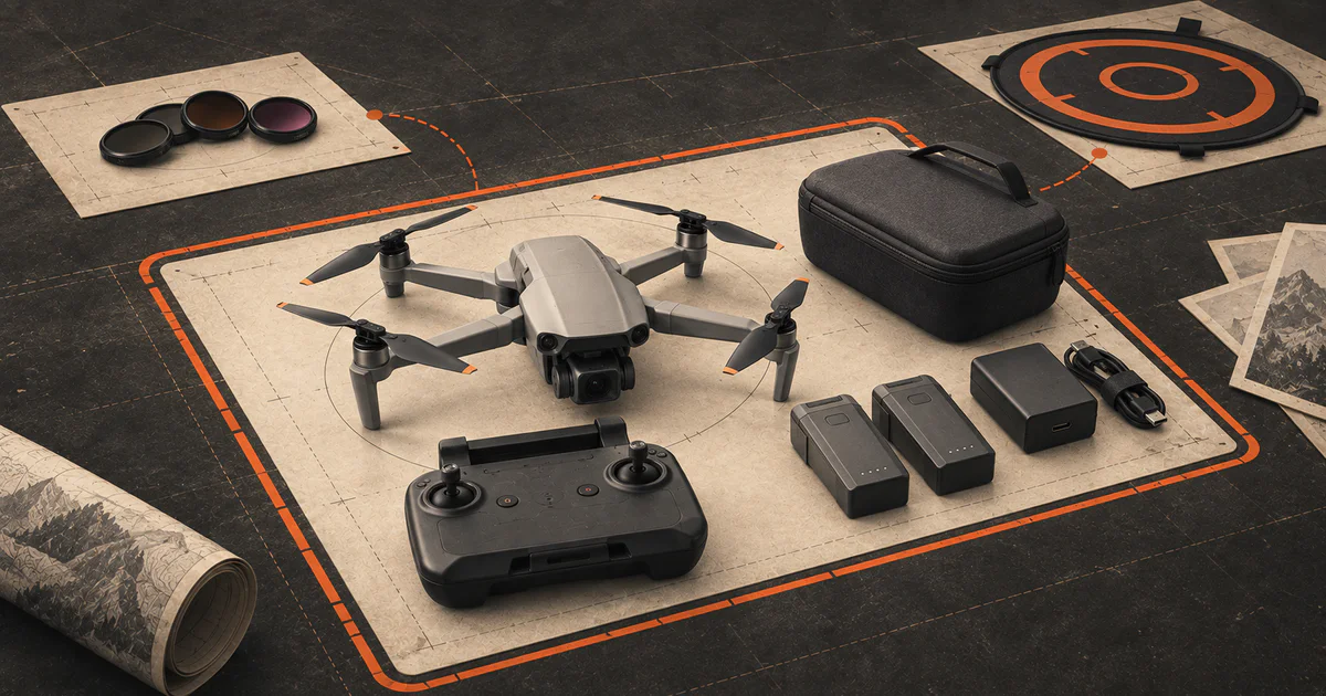 Camera drone with controller, batteries, charger, cable, and case grouped inside an orange budget boundary.