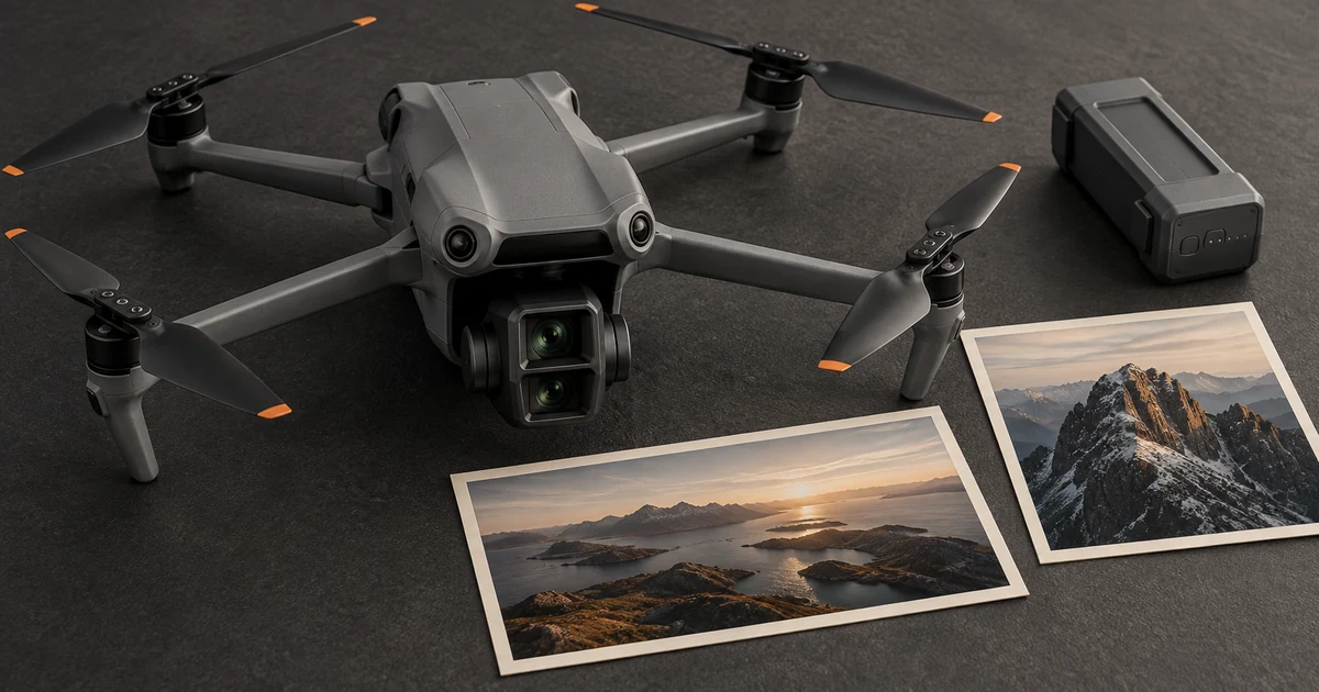 DJI Air 3S with its dual-camera gimbal, flight battery, and two aerial image examples